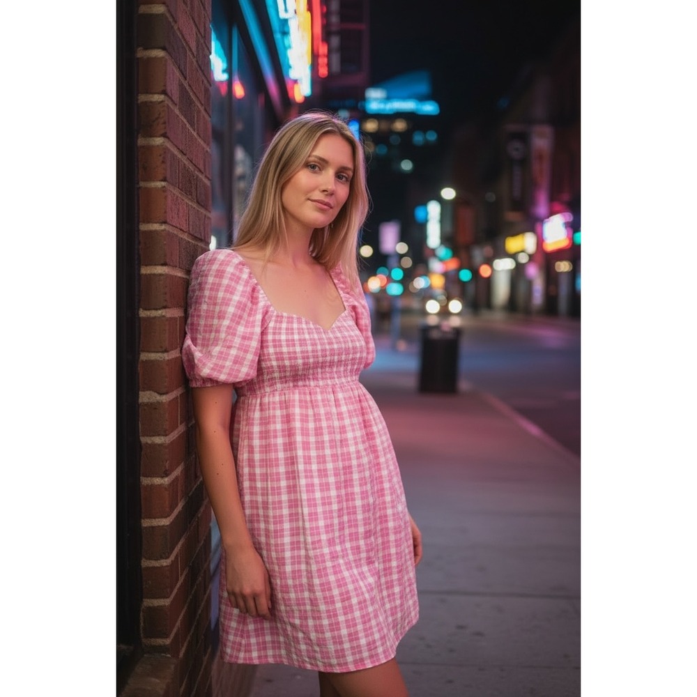 English Factory Gingham Dress Womens Medium Pink Puff Sleeve Smocked Cottagecore